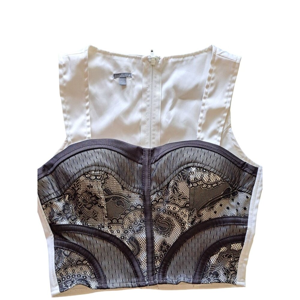 Y2K Charlotte Russe White Satin Sleeveless Crop Top Black Lace Overlay Zip Small